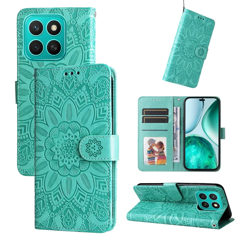 Cover per Honor X8c 4G Girasole Stampato Portafoglio in Pelle - Verde