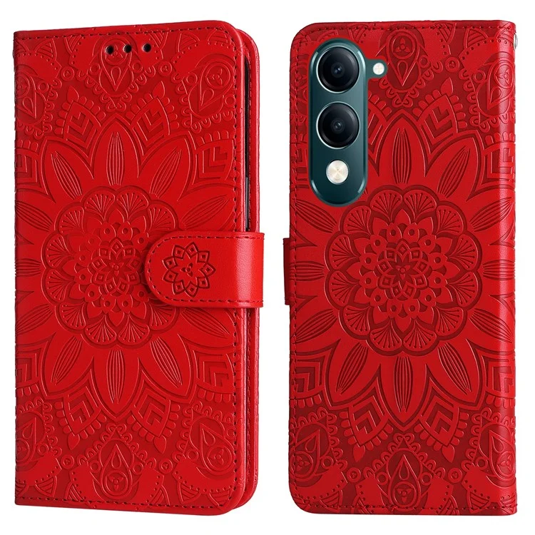 Para o vivo Y29s 5G / Y04 4G Capa Carteira de Couro com Impressão de Girassol - Vermelho