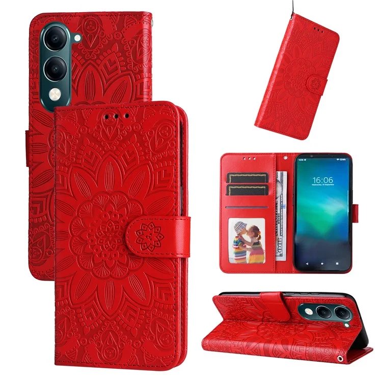 Para o vivo Y29s 5G / Y04 4G Capa Carteira de Couro com Impressão de Girassol - Vermelho