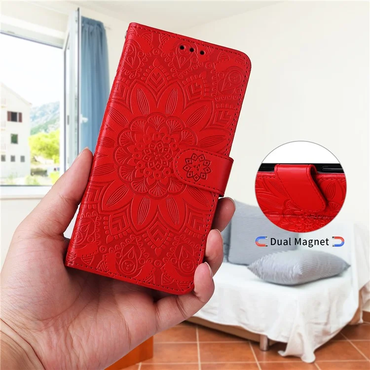 Para o vivo Y29s 5G / Y04 4G Capa Carteira de Couro com Impressão de Girassol - Vermelho