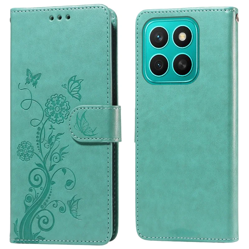 For Honor X8c 4G Case Butterfly Floral Imprint Wallet Stand Leather Phone Cover - Green