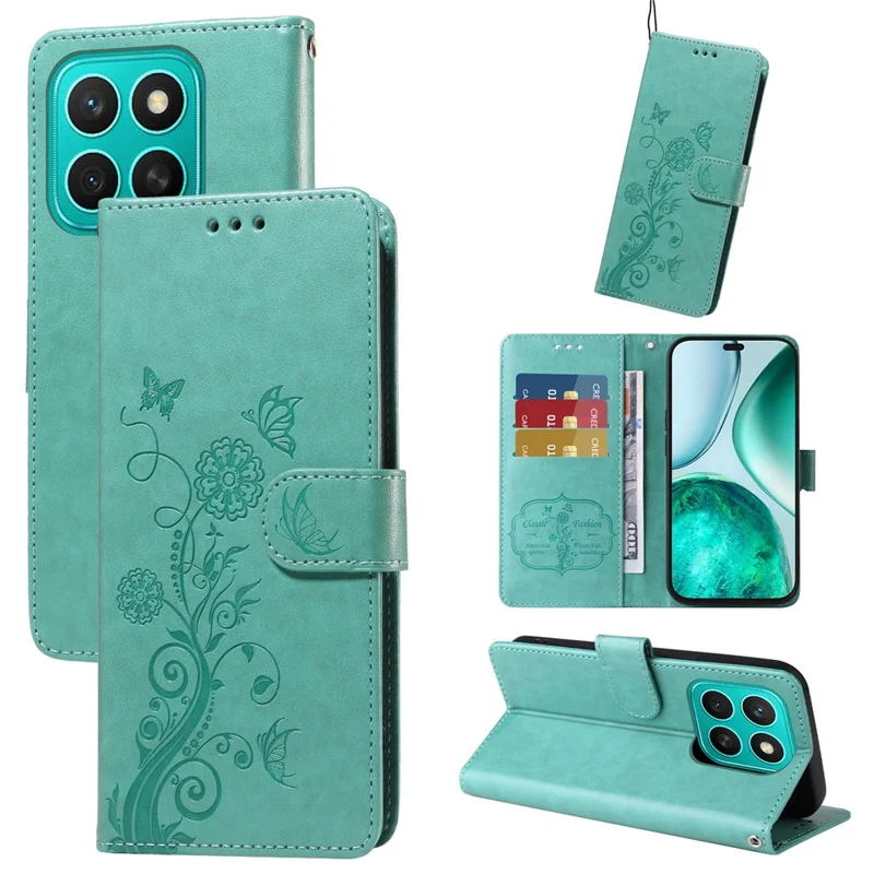 For Honor X8c 4G Case Butterfly Floral Imprint Wallet Stand Leather Phone Cover - Green