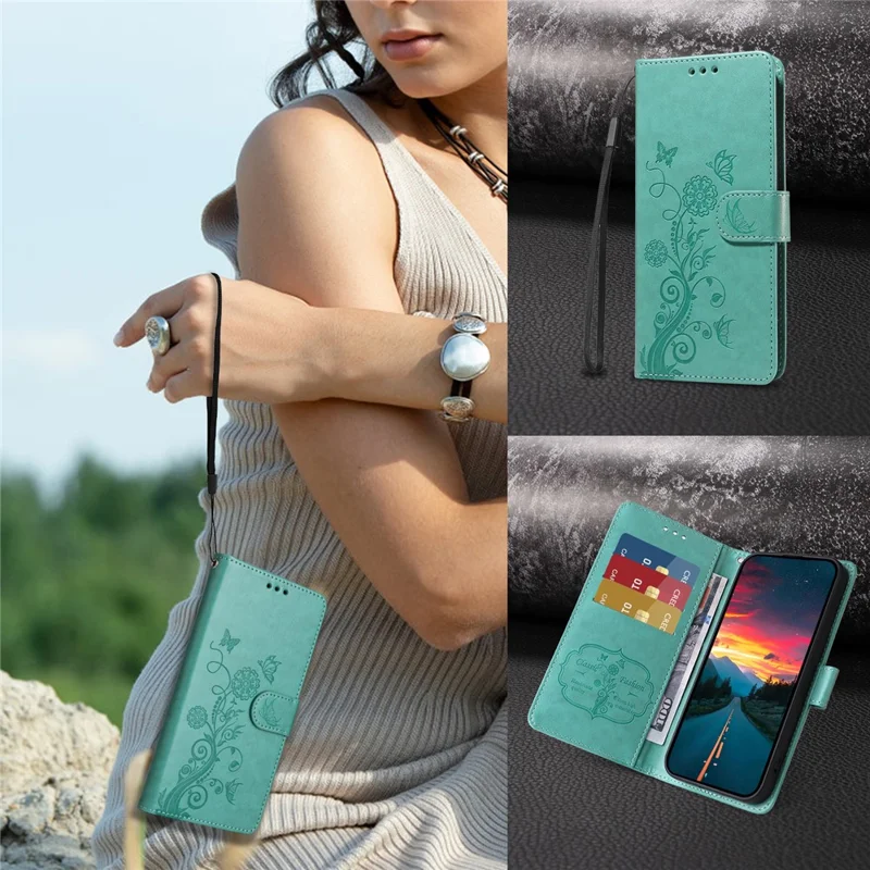For Honor X8c 4G Case Butterfly Floral Imprint Wallet Stand Leather Phone Cover - Green