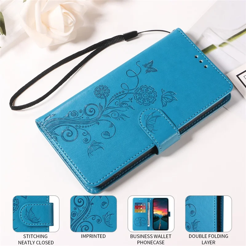 For Oppo A5 Pro 4G (Global) / 5G (Global) / A5 Energy 5G (China) Case Butterfly Floral Imprint Wallet Stand Leather Phone Cover - Blue