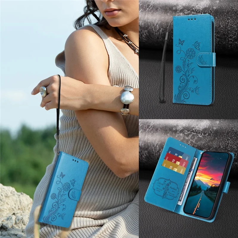 For Oppo A5 Pro 4G (Global) / 5G (Global) / A5 Energy 5G (China) Case Butterfly Floral Imprint Wallet Stand Leather Phone Cover - Blue