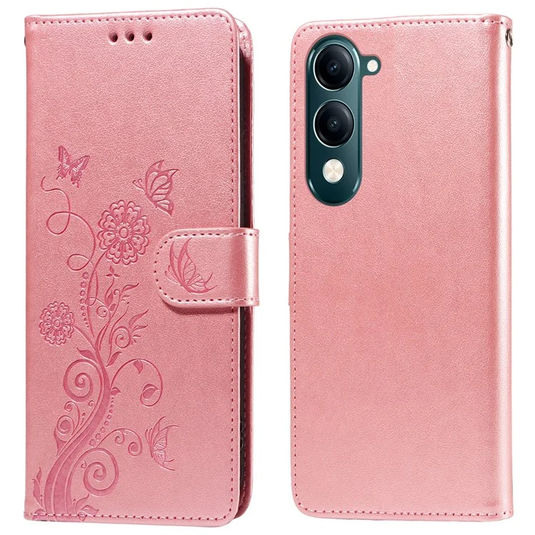Чехол для vivo Y29s 5G / Y04 4G с рисунком бабочки и цветов, кожаный, с подставкой для карт и визуальной защитой - Розовый