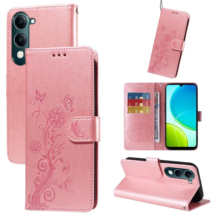 Чехол для vivo Y29s 5G / Y04 4G с рисунком бабочки и цветов, кожаный, с подставкой для карт и визуальной защитой - Розовый
