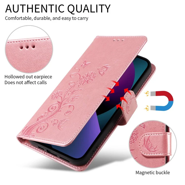Чехол для vivo Y29s 5G / Y04 4G с рисунком бабочки и цветов, кожаный, с подставкой для карт и визуальной защитой - Розовый