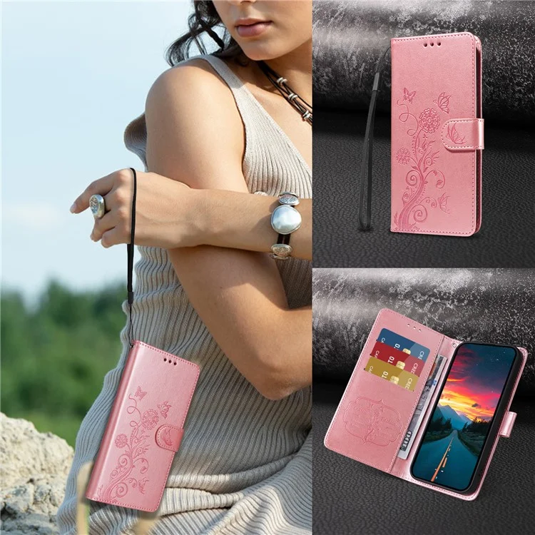 Чехол для vivo Y29s 5G / Y04 4G с рисунком бабочки и цветов, кожаный, с подставкой для карт и визуальной защитой - Розовый