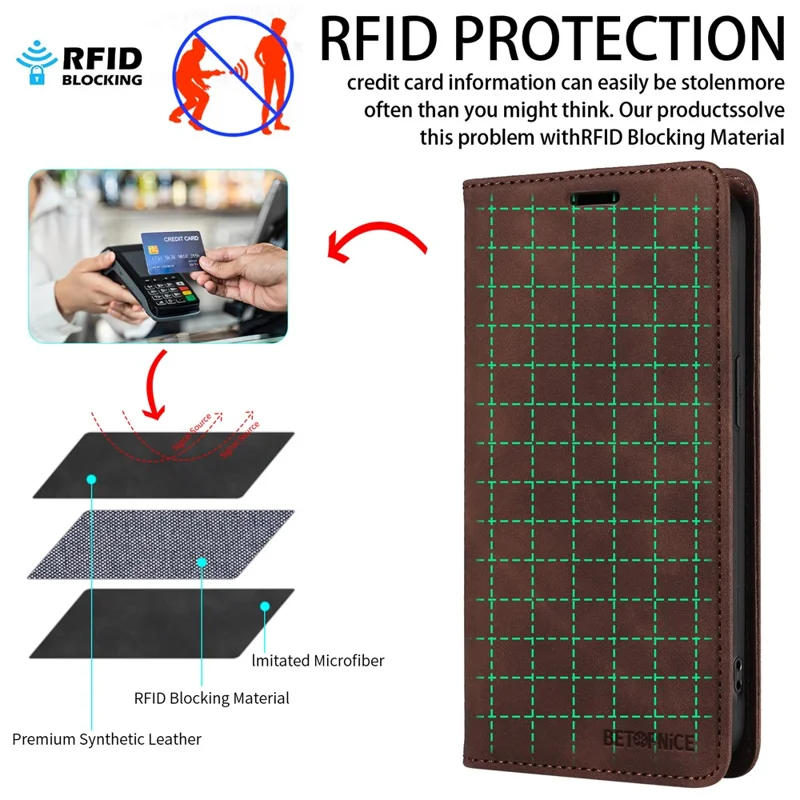 BETOPNICE 003 Für Xiaomi 15 Ultra Hülle Magnetverschluss RFID-blockierender Geldbeutel Ständer Lederhandy-Abdeckung - Braun
