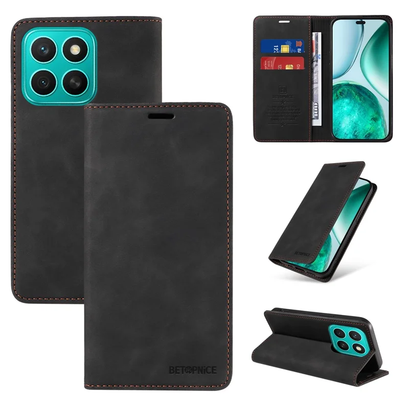 Capa BETOPNICE 003 para Honor X8c 4G com Fechamento Magnético, Bloqueio RFID, Carteira e Suporte - Couro Preto