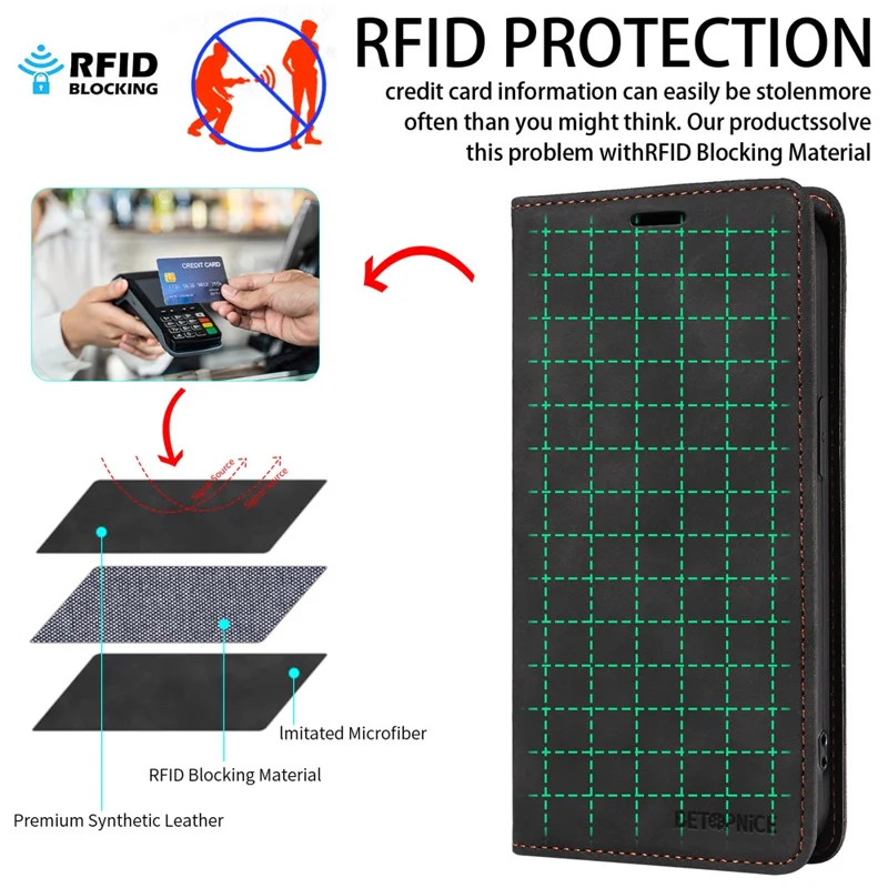 Capa BETOPNICE 003 para Honor X8c 4G com Fechamento Magnético, Bloqueio RFID, Carteira e Suporte - Couro Preto