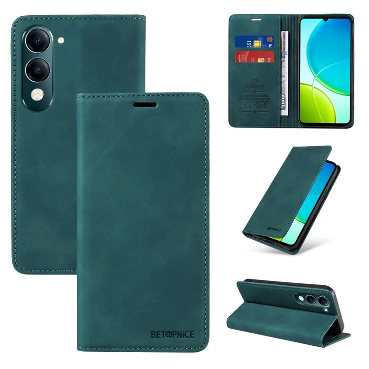 Capa de Couro BETOPNICE 003 com Fechamento Magnético, Bloqueio RFID e Suporte para Carteira para vivo Y29s 5G / Y04 4G - Verde