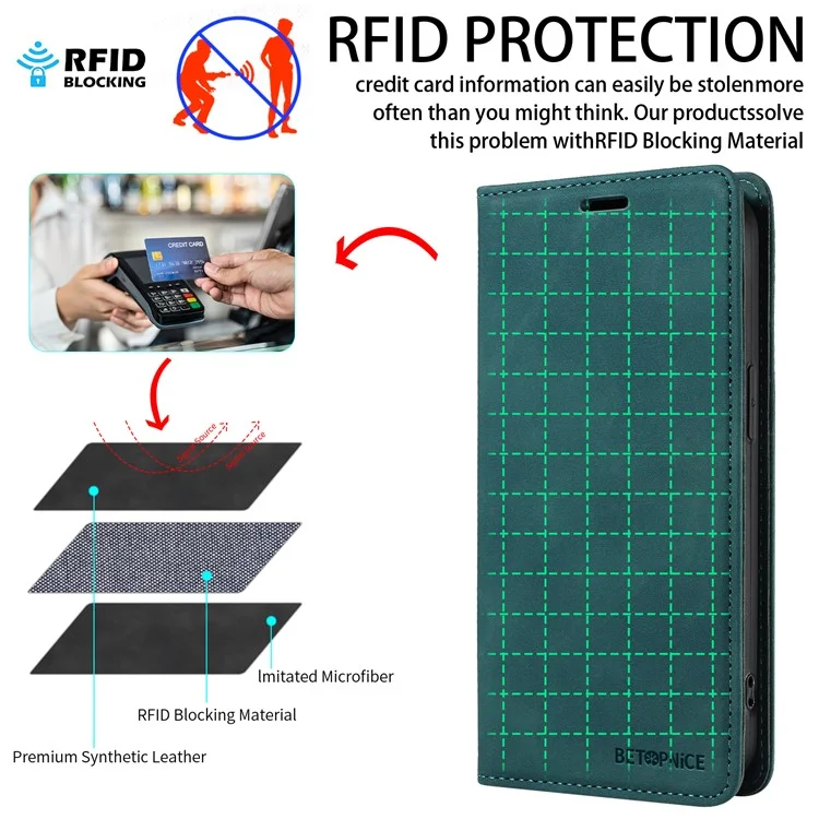 Capa de Couro BETOPNICE 003 com Fechamento Magnético, Bloqueio RFID e Suporte para Carteira para vivo Y29s 5G / Y04 4G - Verde