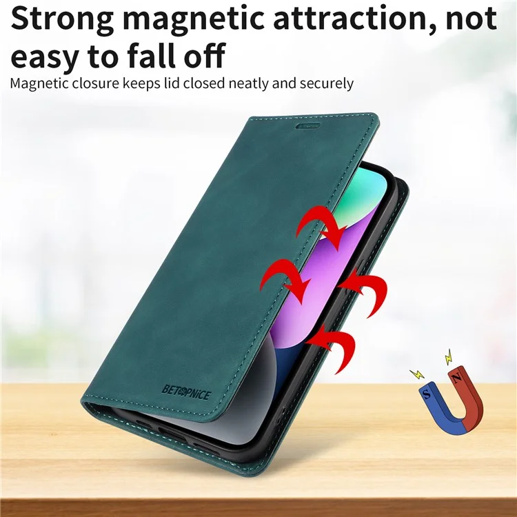 Capa de Couro BETOPNICE 003 com Fechamento Magnético, Bloqueio RFID e Suporte para Carteira para vivo Y29s 5G / Y04 4G - Verde