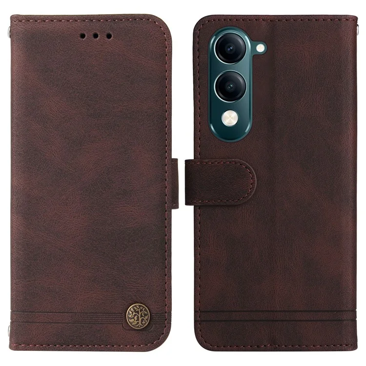 Capa de couro com toque de pele para o vivo Y29s 5G / Y04 4G, com padrão de árvore - Marrom