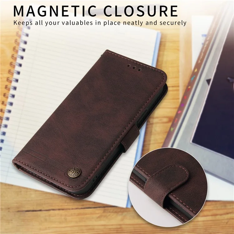 Capa de couro com toque de pele para o vivo Y29s 5G / Y04 4G, com padrão de árvore - Marrom