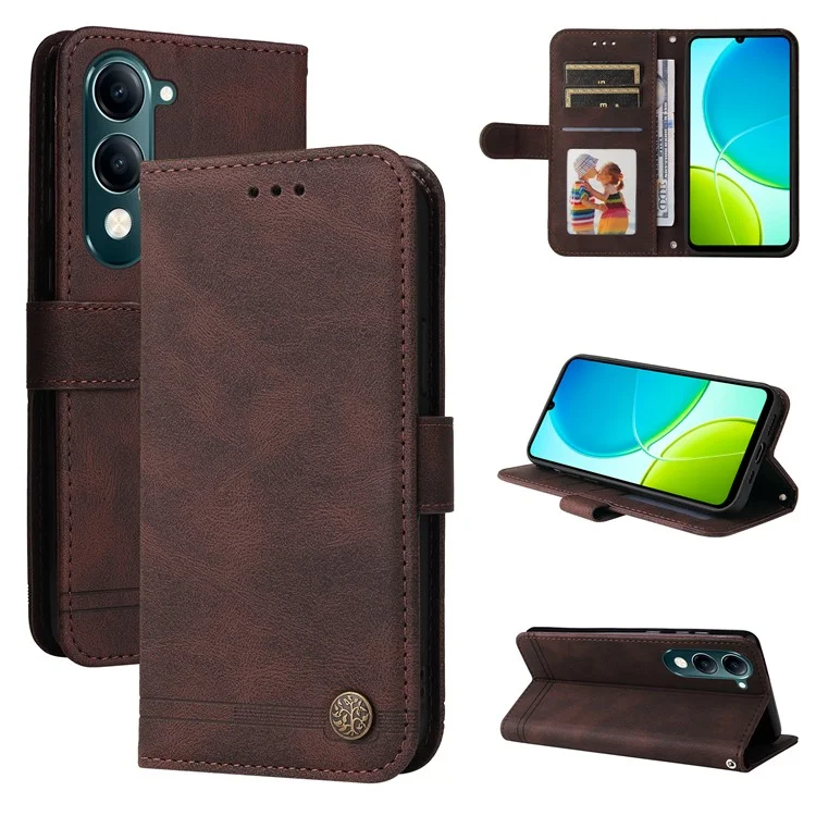 Capa de couro com toque de pele para o vivo Y29s 5G / Y04 4G, com padrão de árvore - Marrom