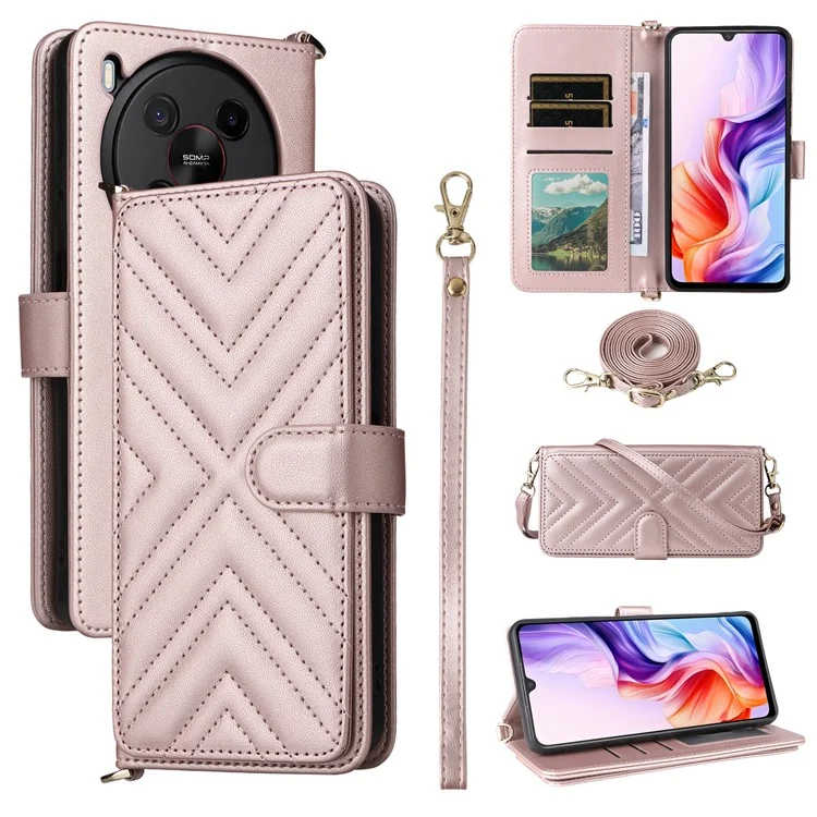 For ZTE Blade V70 Max / nubia V70 Max Wallet Case with Shoulder / Wrist Strap Leather Phone Cover Stand - Pink