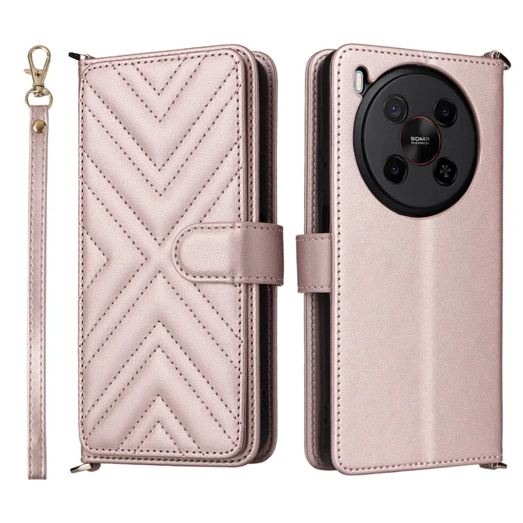 For ZTE Blade V70 Max / nubia V70 Max Wallet Case with Shoulder / Wrist Strap Leather Phone Cover Stand - Pink