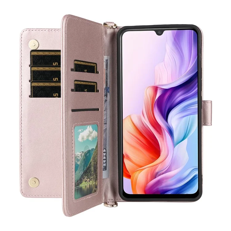 For ZTE Blade V70 Max / nubia V70 Max Wallet Case with Shoulder / Wrist Strap Leather Phone Cover Stand - Pink
