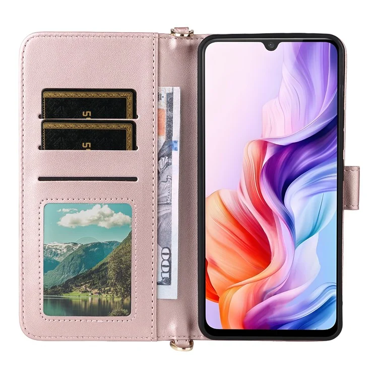 For ZTE Blade V70 Max / nubia V70 Max Wallet Case with Shoulder / Wrist Strap Leather Phone Cover Stand - Pink