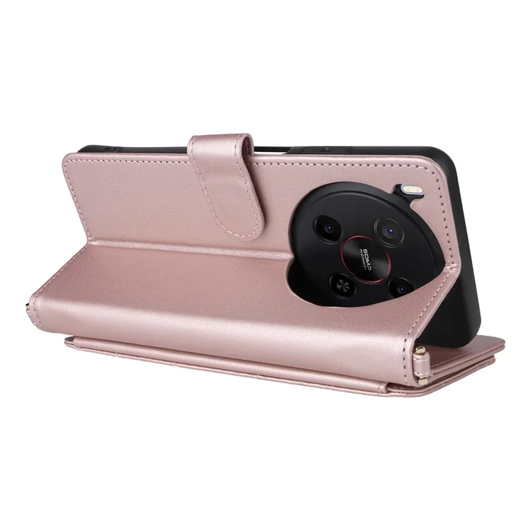 For ZTE Blade V70 Max / nubia V70 Max Wallet Case with Shoulder / Wrist Strap Leather Phone Cover Stand - Pink