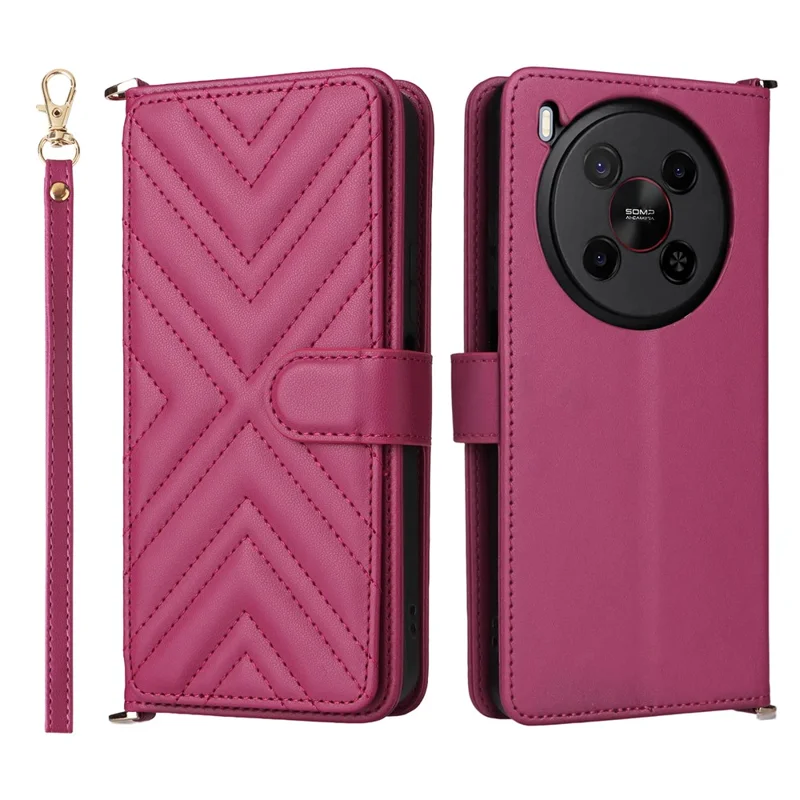 For ZTE Blade V70 Max / nubia V70 Max Wallet Case with Shoulder / Wrist Strap Leather Phone Cover Stand - Rose