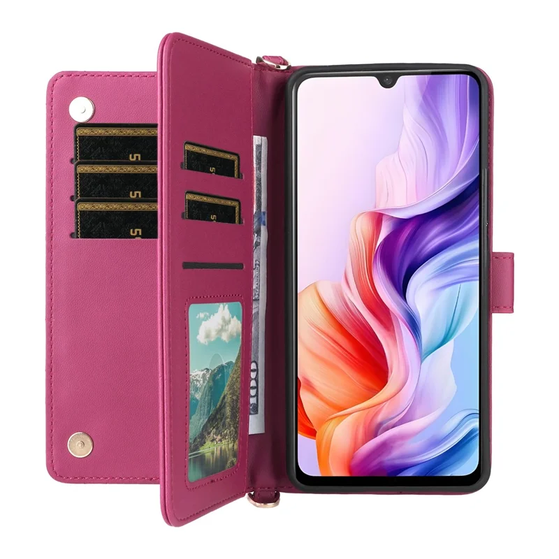 For ZTE Blade V70 Max / nubia V70 Max Wallet Case with Shoulder / Wrist Strap Leather Phone Cover Stand - Rose