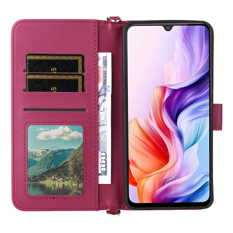 For ZTE Blade V70 Max / nubia V70 Max Wallet Case with Shoulder / Wrist Strap Leather Phone Cover Stand - Rose