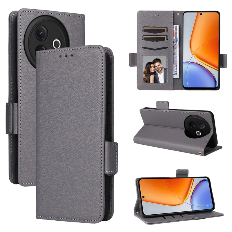 Pour vivo Y39 5G / Y300i 5G Étui Portefeuille à Rabat en Cuir PU Texture Litchi - Gris