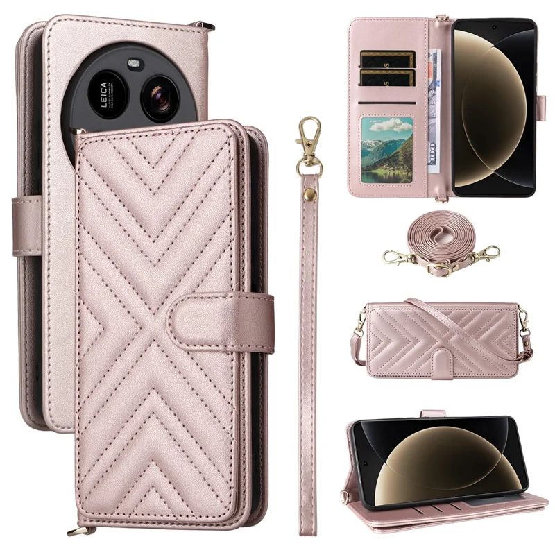 For Xiaomi 15 Ultra Wallet Case with Shoulder / Wrist Strap Leather Phone Cover Stand - Pink