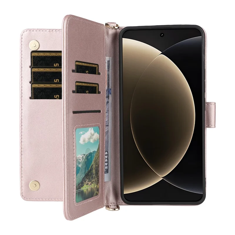 For Xiaomi 15 Ultra Wallet Case with Shoulder / Wrist Strap Leather Phone Cover Stand - Pink
