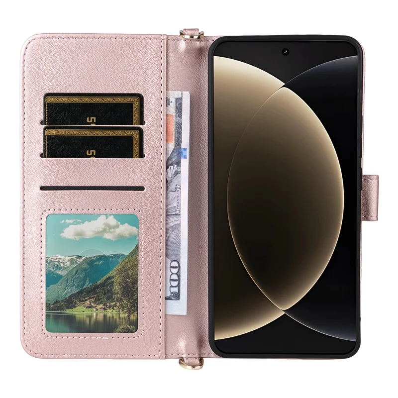 For Xiaomi 15 Ultra Wallet Case with Shoulder / Wrist Strap Leather Phone Cover Stand - Pink