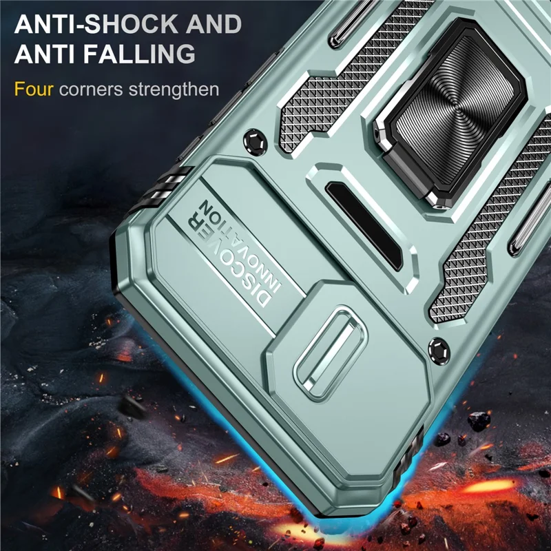 Voor iPhone 16e hoesje met standaard en schuifdeksel voor lens PC + TPU valbestendig telefoonhoesje - Groen