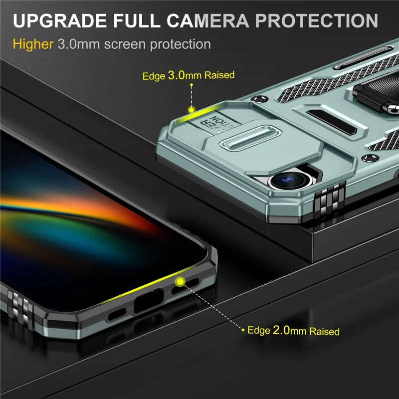 Voor iPhone 16e hoesje met standaard en schuifdeksel voor lens PC + TPU valbestendig telefoonhoesje - Groen