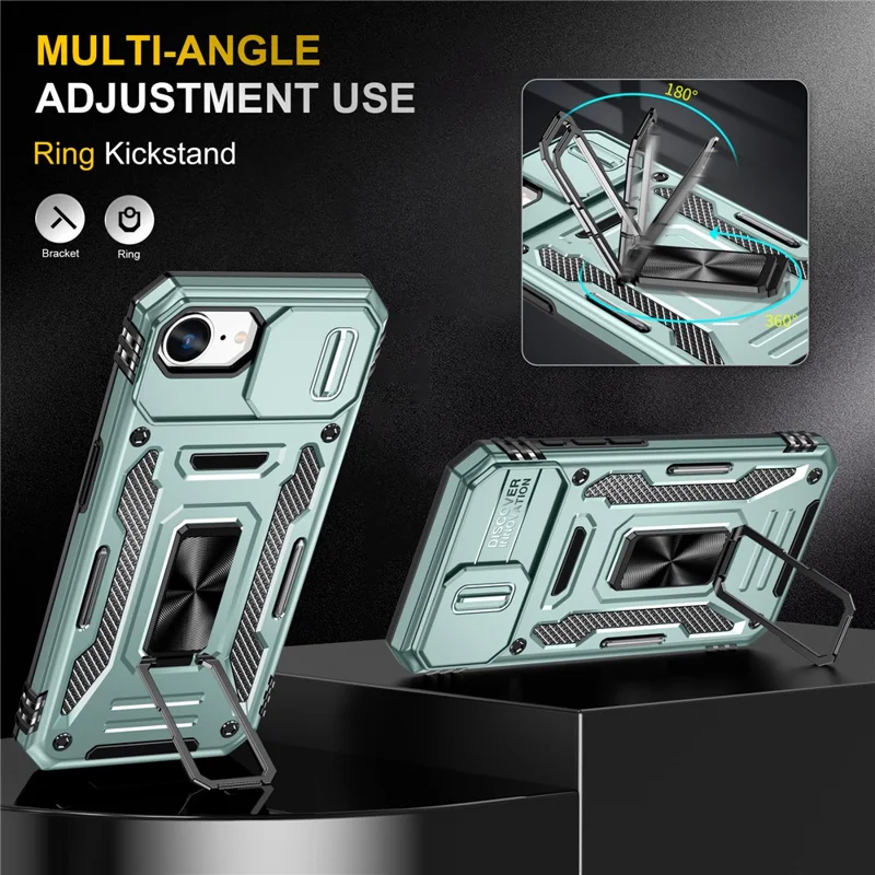 Voor iPhone 16e hoesje met standaard en schuifdeksel voor lens PC + TPU valbestendig telefoonhoesje - Groen