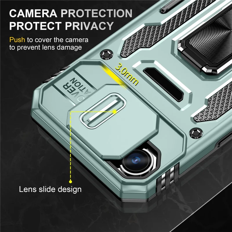 Voor iPhone 16e hoesje met standaard en schuifdeksel voor lens PC + TPU valbestendig telefoonhoesje - Groen