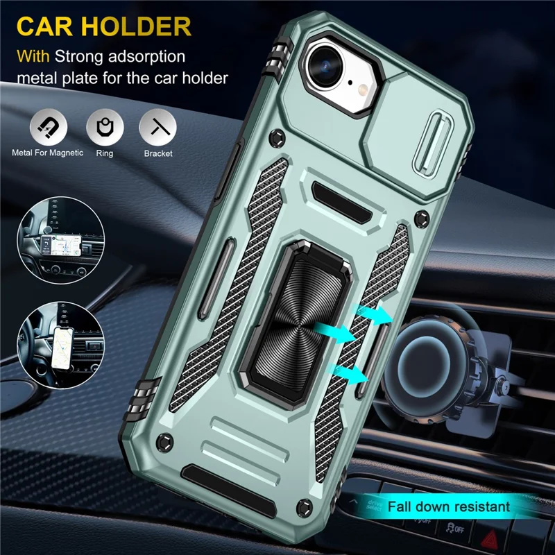Voor iPhone 16e hoesje met standaard en schuifdeksel voor lens PC + TPU valbestendig telefoonhoesje - Groen