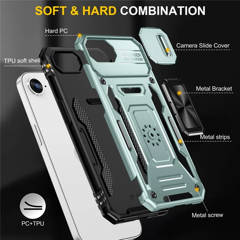 Voor iPhone 16e hoesje met standaard en schuifdeksel voor lens PC + TPU valbestendig telefoonhoesje - Groen