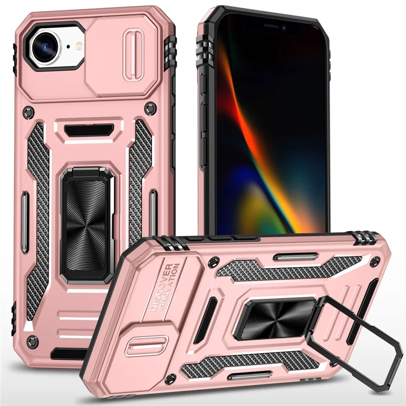 For iPhone 17e / 16e Case Kickstand Slide Lens Lid PC + TPU Drop-Proof Phone Cover - Rose Gold