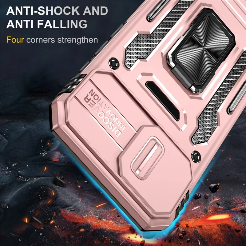 For iPhone 17e / 16e Case Kickstand Slide Lens Lid PC + TPU Drop-Proof Phone Cover - Rose Gold