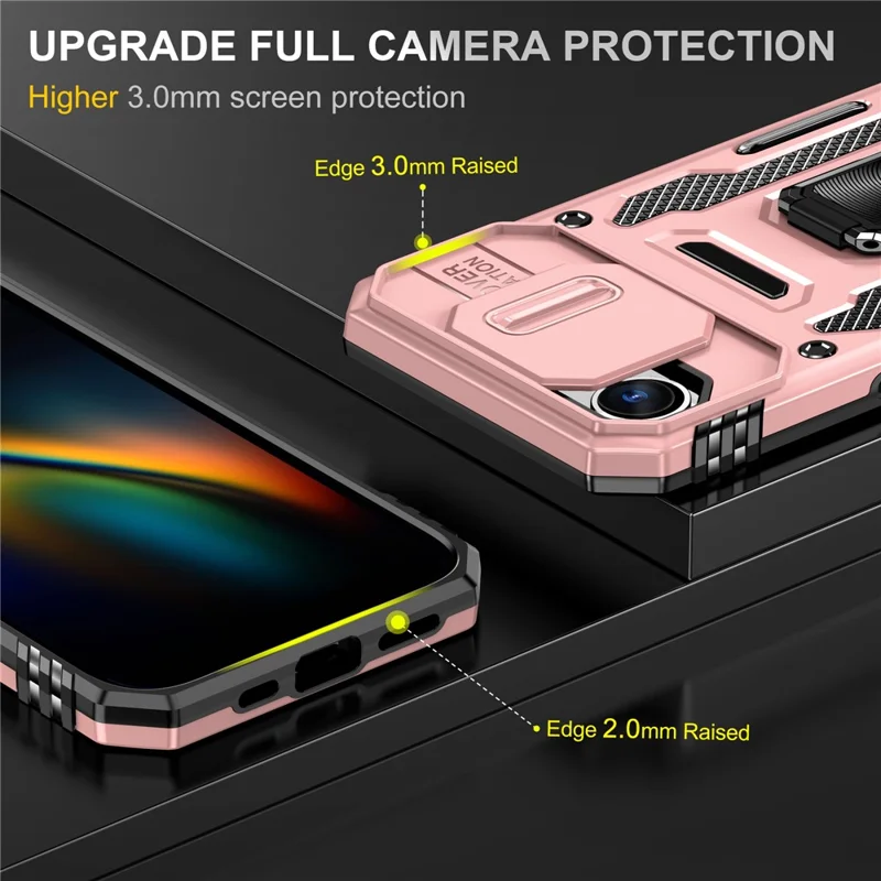 For iPhone 17e / 16e Case Kickstand Slide Lens Lid PC + TPU Drop-Proof Phone Cover - Rose Gold