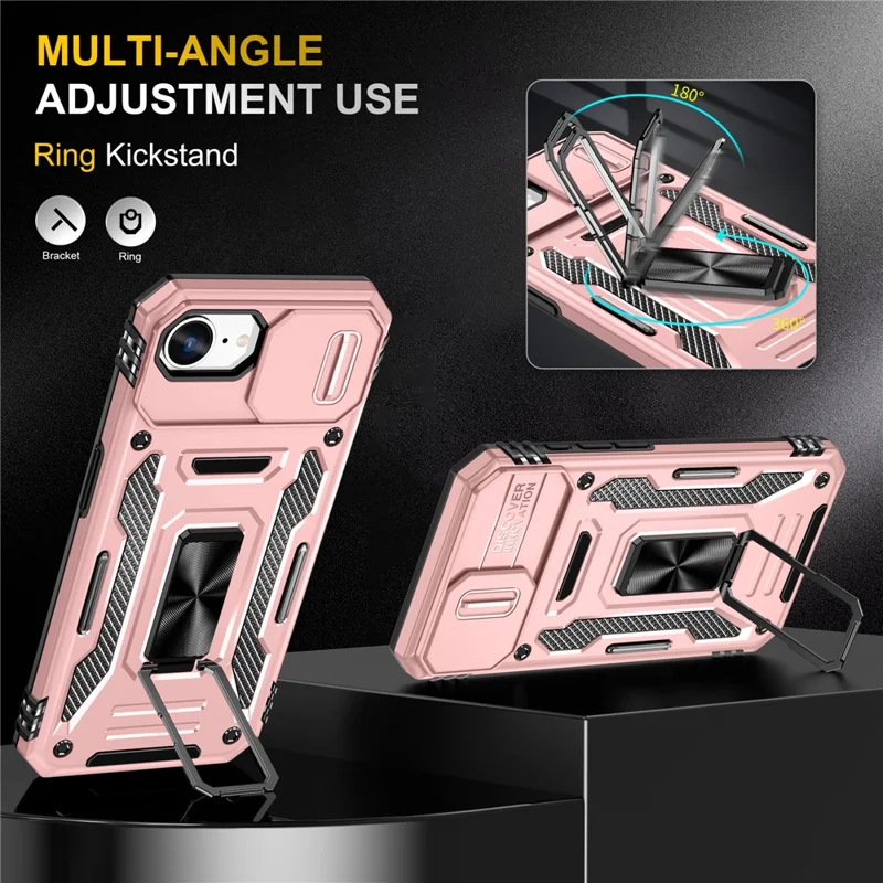 For iPhone 17e / 16e Case Kickstand Slide Lens Lid PC + TPU Drop-Proof Phone Cover - Rose Gold