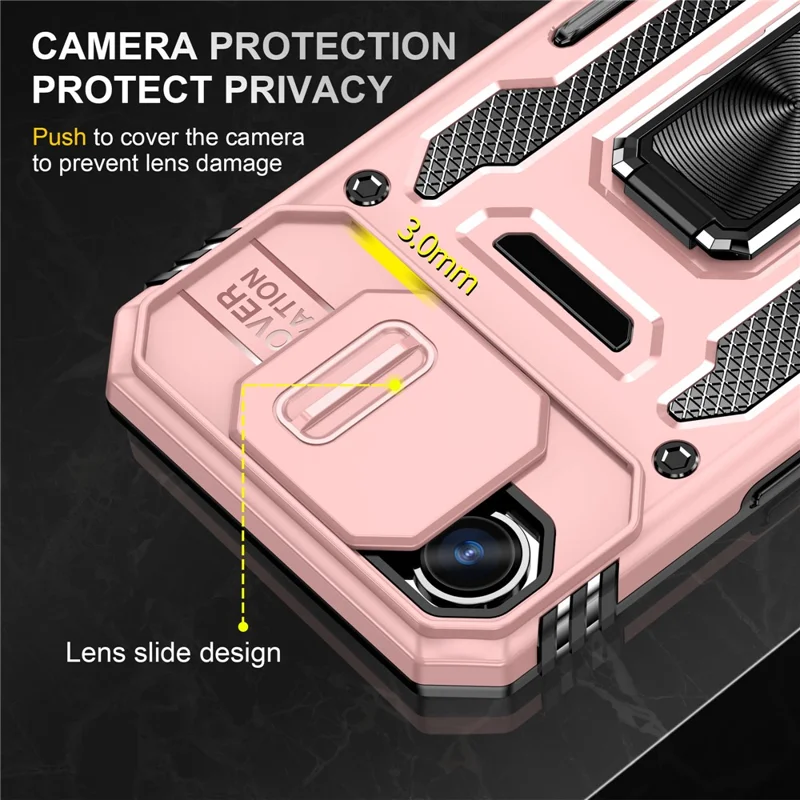 For iPhone 17e / 16e Case Kickstand Slide Lens Lid PC + TPU Drop-Proof Phone Cover - Rose Gold