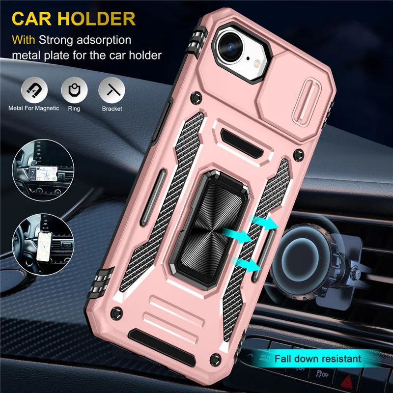 For iPhone 17e / 16e Case Kickstand Slide Lens Lid PC + TPU Drop-Proof Phone Cover - Rose Gold