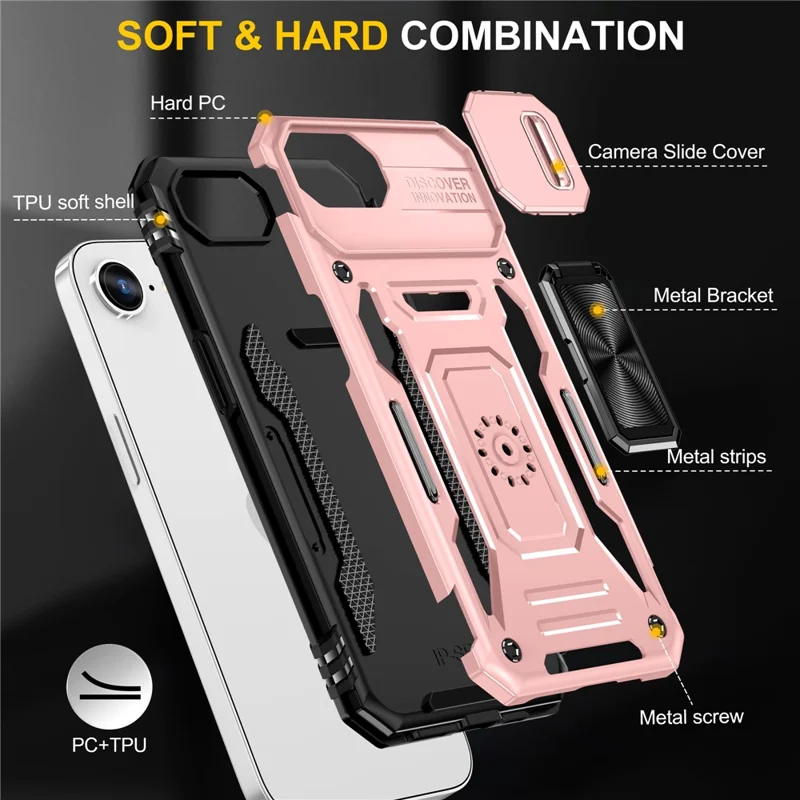 For iPhone 17e / 16e Case Kickstand Slide Lens Lid PC + TPU Drop-Proof Phone Cover - Rose Gold