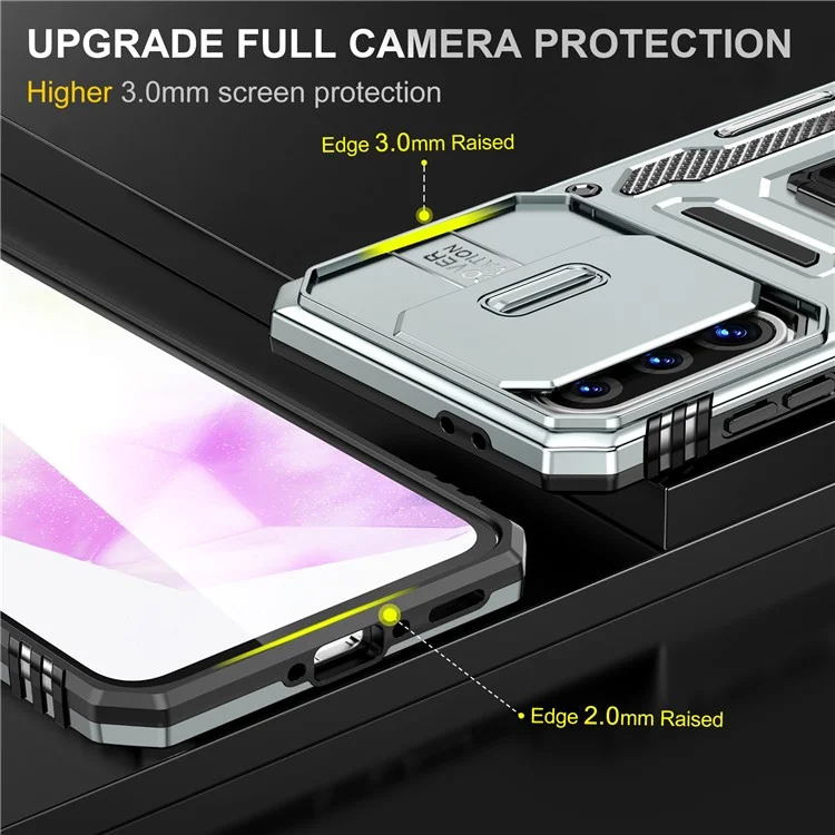 Étui pour Samsung Galaxy A36 5G / A56 5G avec Béquille, Couvercle de Lentille Coulissant, Coque de Protection Antichoc PC + TPU - Gris