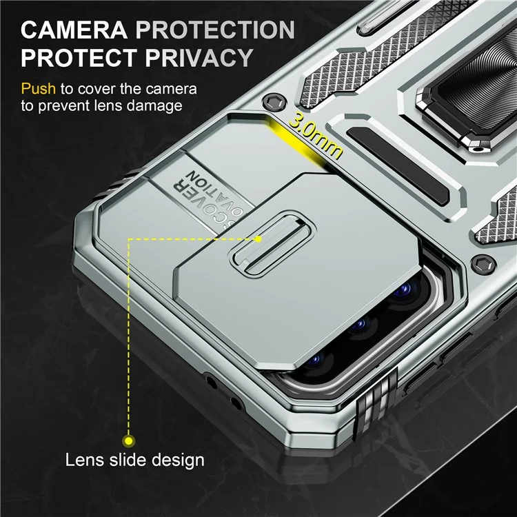 Étui pour Samsung Galaxy A36 5G / A56 5G avec Béquille, Couvercle de Lentille Coulissant, Coque de Protection Antichoc PC + TPU - Gris