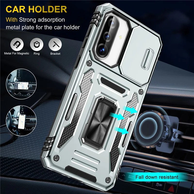 Étui pour Samsung Galaxy A36 5G / A56 5G avec Béquille, Couvercle de Lentille Coulissant, Coque de Protection Antichoc PC + TPU - Gris